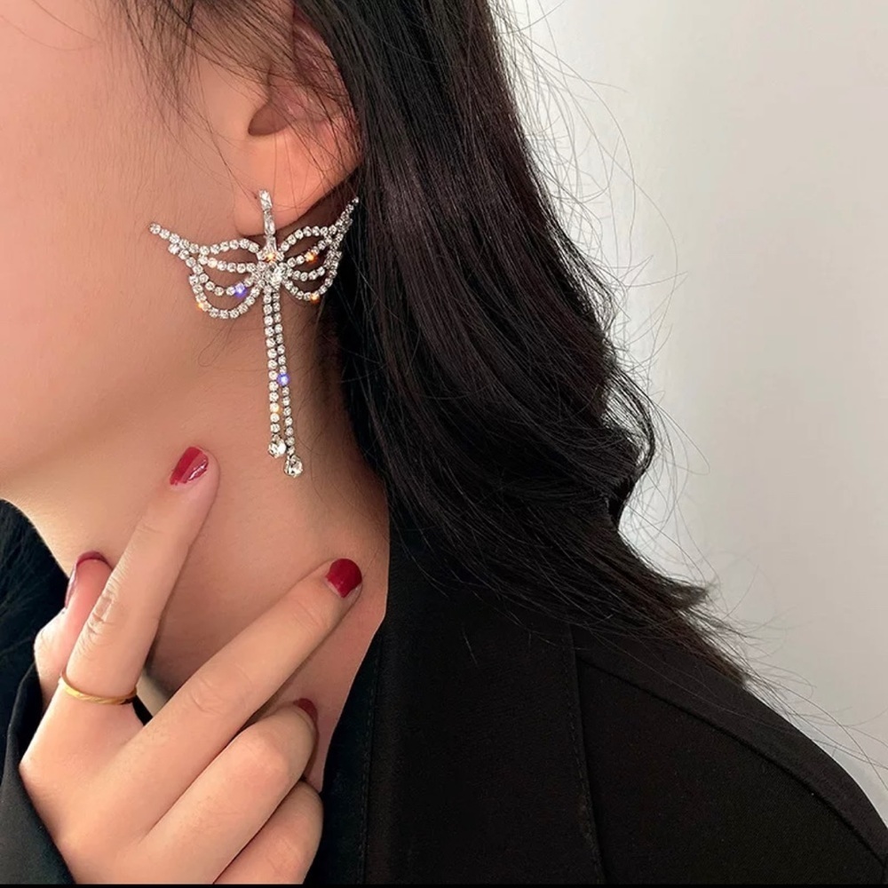 Long Butterfly Earrings with Rhinestones